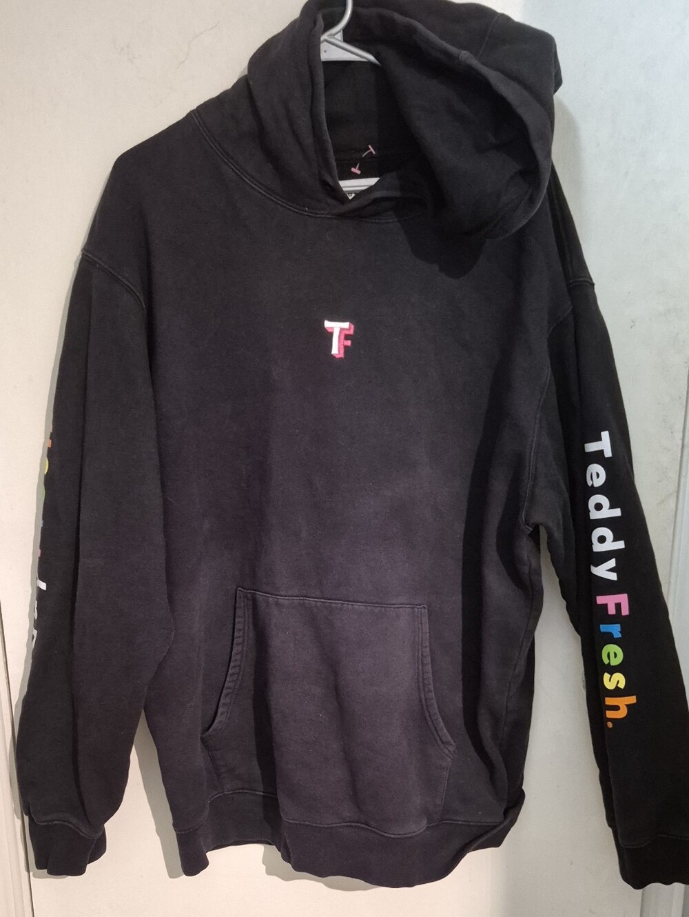 Teddy Fresh Black Hoodie with Rainbow Sleeve Logo 2XL
